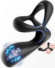 Laden Sie das Bild in den Galerie-Viewer, 3 in 1 Silikon Cockring Vibratoren-Anal und Perineum Klitoris Stimulator mit 10 Modi Vibration,Dehnbar Penisringe Erektion Massager,Sexspielzeug für Männer und Paare Extrem Schwarz
