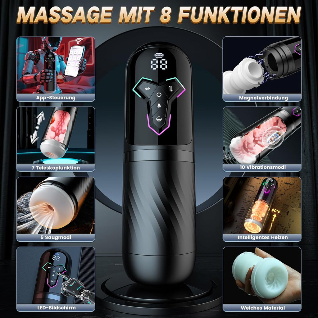 Beheizter Sex Spielzeug für die Männer Masturbator, Masturbieren für Männer 10 Vibrations & 7 Stoß & 5 Saugmodi, Zungenleck Taschenmuschi Sexspielzeug Masturbatoren, App-Steuerung Sex Toys Penispumpe