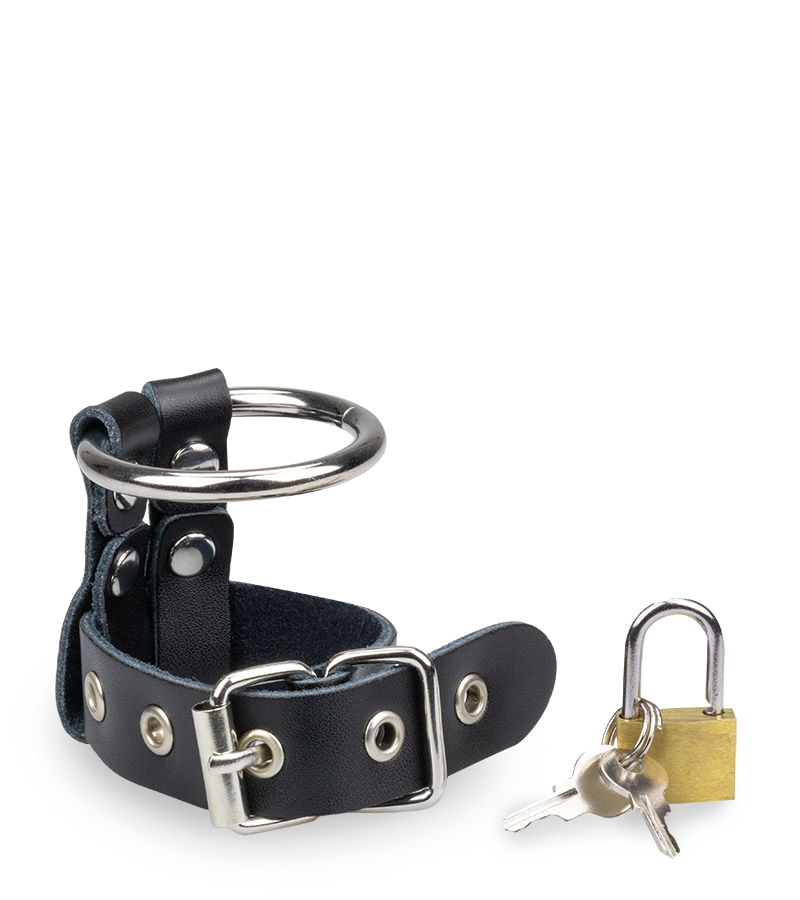Abschließbarer Penisring aus Kunstleder und Metall