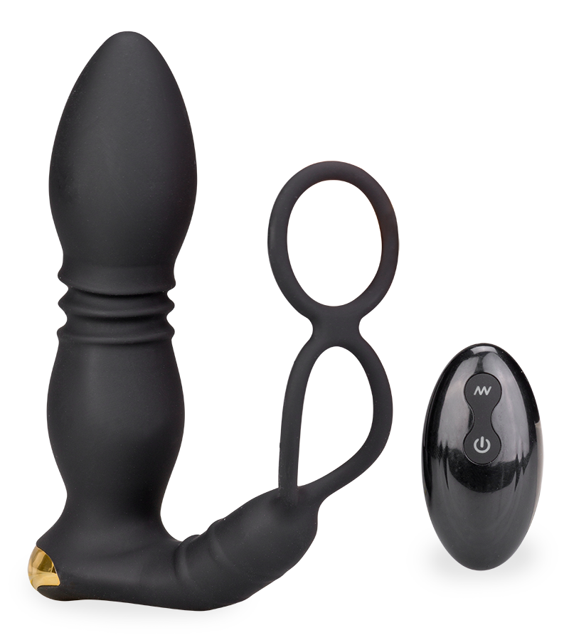 Analplug mit Stoßfunktion, Vibration und Cockringen Luck