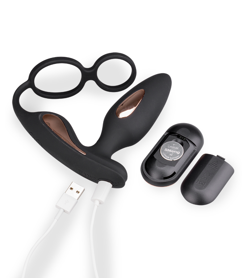 Analplug mit Vibration und Doppel-Cockring Domino