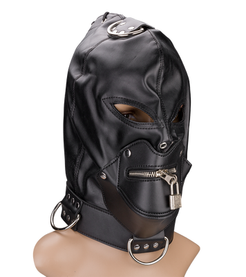 BDSM-Kopfmaske mit Reißverschluss am Mund und Schloss