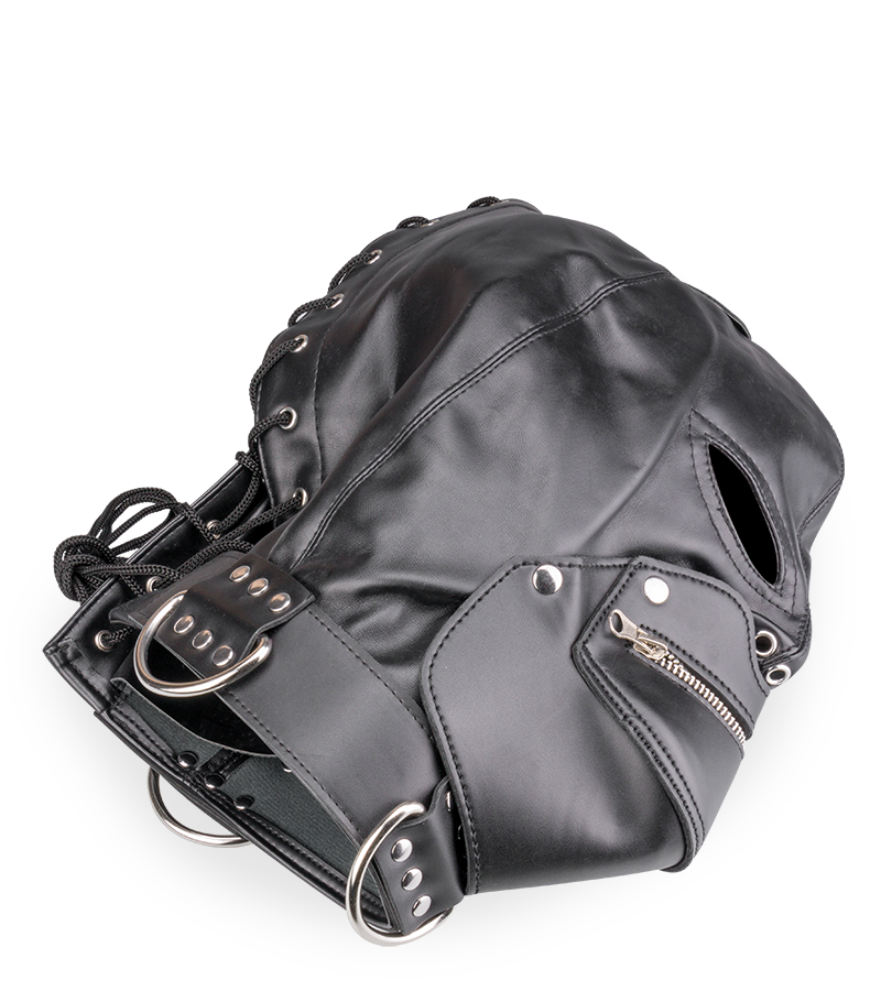 BDSM-Kopfmaske mit Reißverschluss am Mund und Schloss