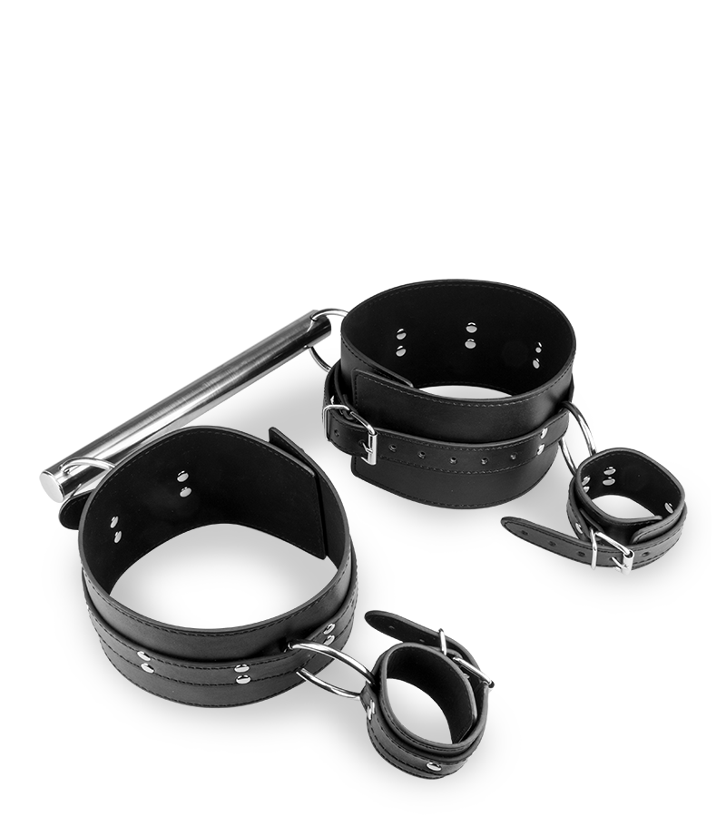 BDSM-Spreizstange für Oberschenkel mit Handfesseln