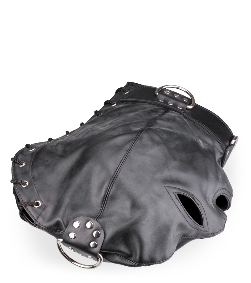 Bondage-Haube aus Kunstleder mit drei Öffnungen und Ringen